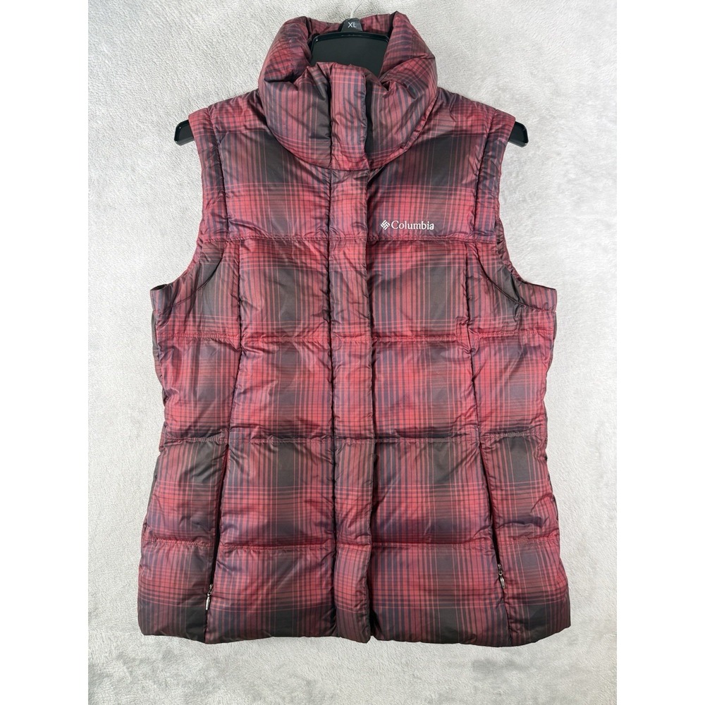 Columbia Puffer Vest Women's Large Red Plaid Duck Down‎ Full Zip